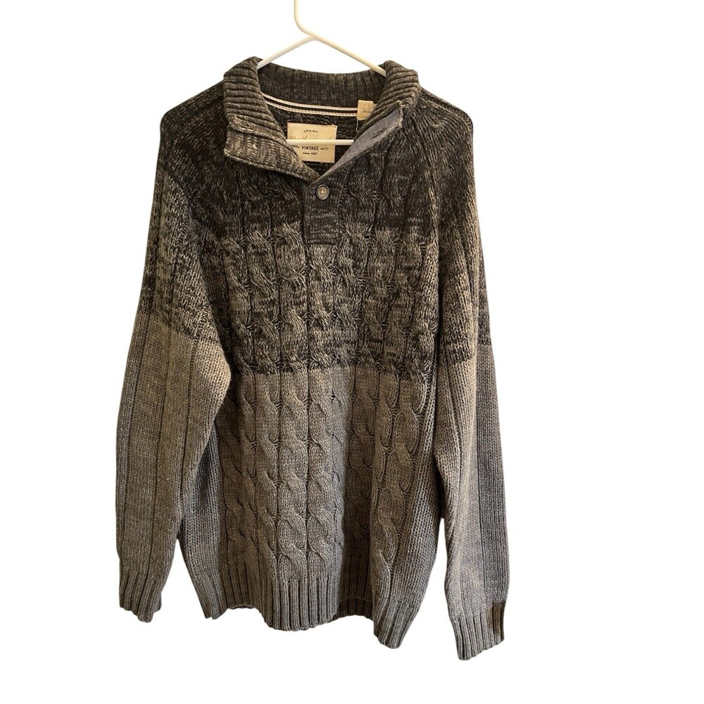 Weatherproof Vintage Men's Cable Knit Shawl Collar Sweater Gray Button Accent Xl